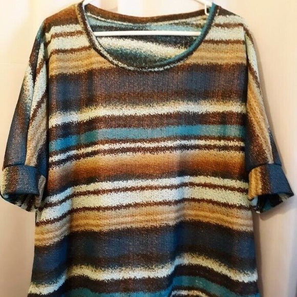 Copper Sheen T-shirt Top Plus 1X Blue Brown Teal Dolman Scoop neck hi-lo blouse - Picture 3 of 9